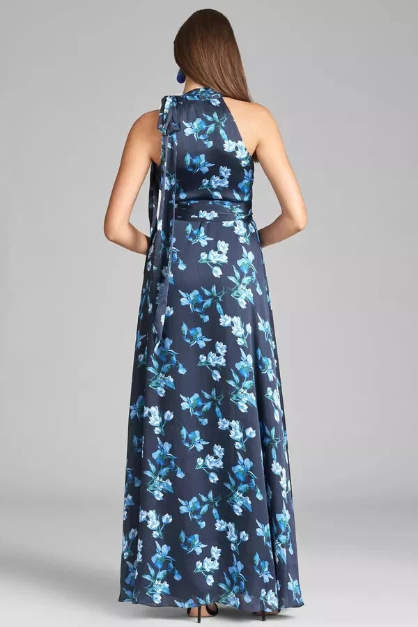 Vestido Halter Sachin & Babi Azul Floral Kayla Floral Arrugado Georgette Talla 8 $325 Foto 3 de 3