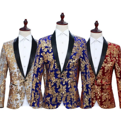 Men Sequin Shawl Lapel Suit Jacket Velvet Floral Blazer Wedding Prom Coat Tops - Picture 5 of 21