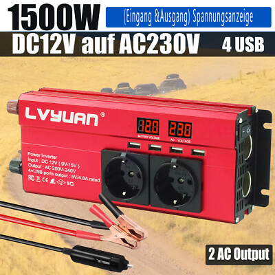 700W 1500W DC 12V auf AC 230V Spannungswandler Inverter Wechselrichter 4USB Rot