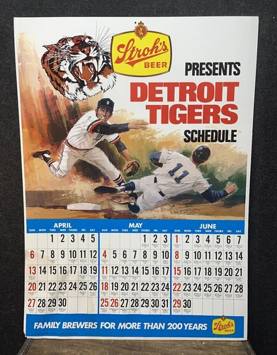 Vtg 1975 Detroit Tigers Baseball Schedule STROHS Beer Sign 25” Card Stock Rare