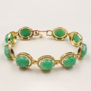 Authentic Elegant Heated Green Jade 13MM Oval Bead Gold Plated Link Bracelet 7.48"L