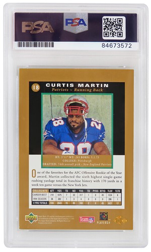 Curtis Martin autographed Patriots 1995 SP Foil RC Card #18 (PSA/ Auto Grade 10) - Picture 2 of 2