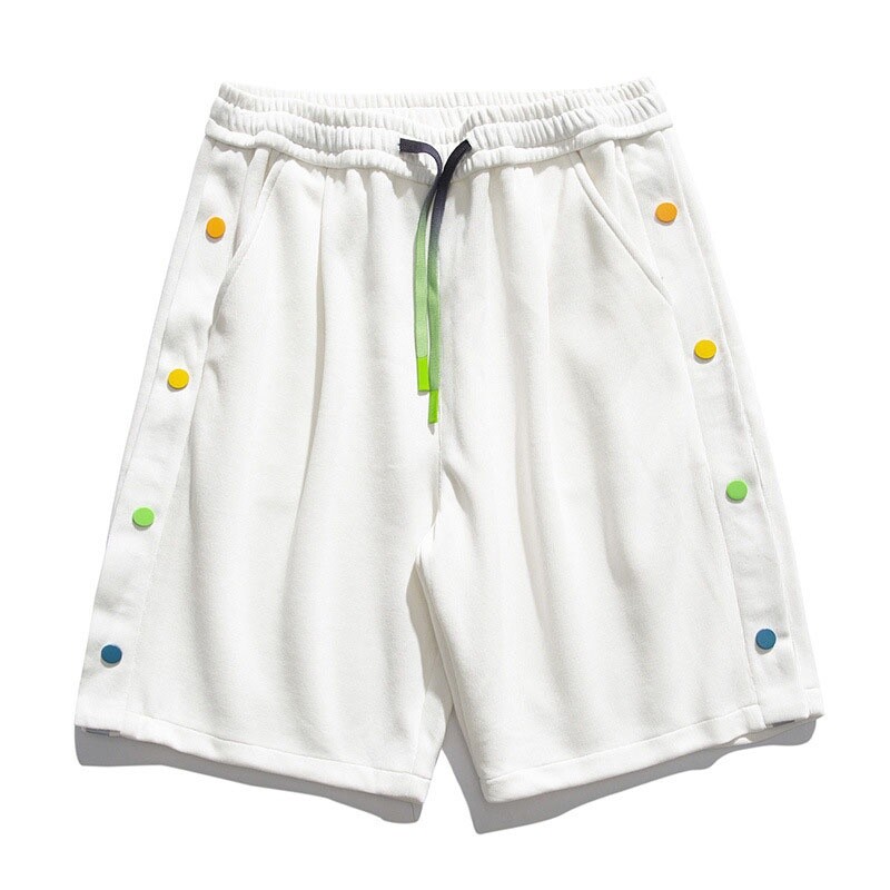 Men Sports Shorts Half Pants Faux Snap Side Button Elastic Waist Drawstring Soft