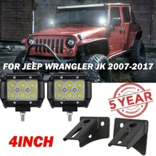 Pair 4" Dual-Row Flood LED Light Bar Pods +Mount Bracket for Jeep Wrangler JK