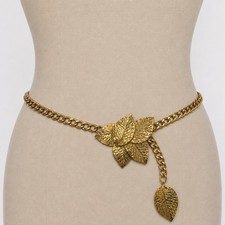 Vintage Gold Leaf Chain Belt Womens Adjustable Shiny Metal Disco Boho 80s