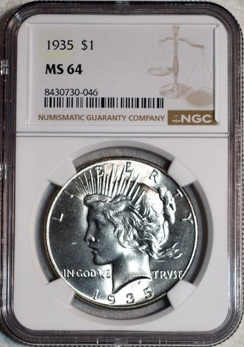 NGC MS-64 1935-P Silver Peace Dollar, Cartwheeling, Blast-White, PQ specimen!