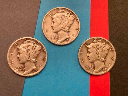 1941 Mercury Dime Lot of three P, D, & S VG-Fine Condition