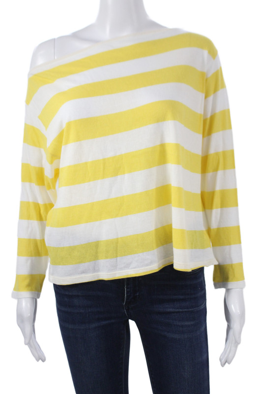 Enza Costa Women Yellow Cotton Off Shoulder Striped Long Sleeve T-Shirt Size S