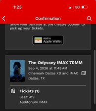 The Odyssey IMAX 70MM Ticket - Cinemark Dallas IMAX - Sep 4 2026 11:45AM