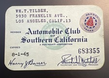 Bill Tilden Personally Owned Automobile Club of So Cal Card - Tennis Legend