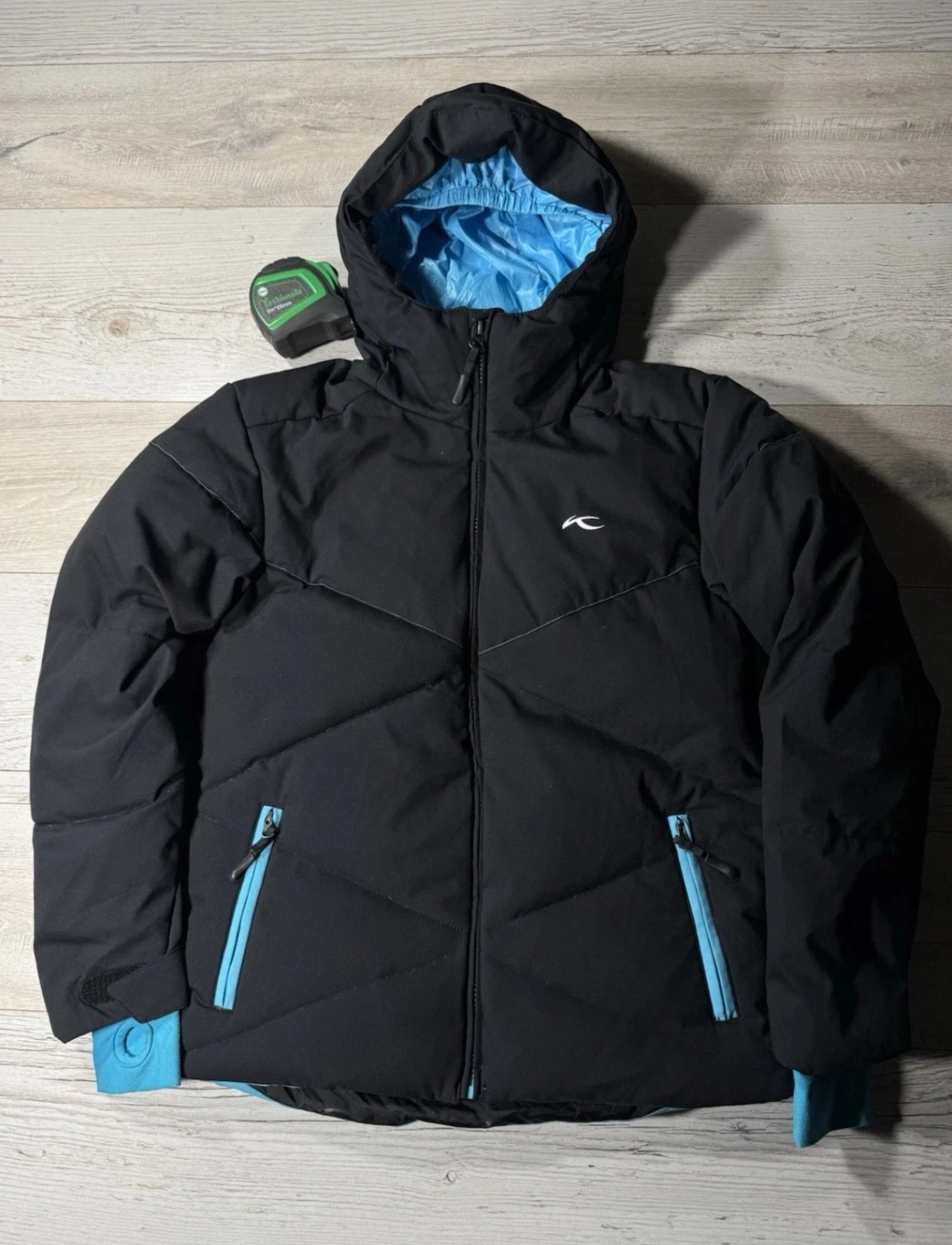 KJUS Junior Ski Jacket Size 152 Black Blue Hooded Duck Down Winter Coat