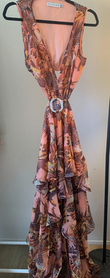 Chicways Maxi Dress Women's Medium Pink Tropical Print Buckle Cut Out Sleeveless