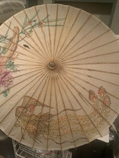 Hand Painted Japanese Chinese Bamboo Rice Paper Wood Umbrella Dragon 35  Vtg