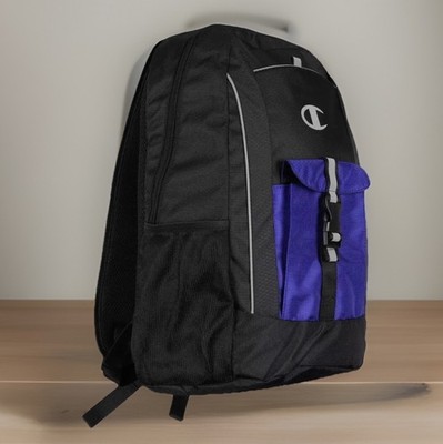 Champion Black Backpack with Vertical Logo and Reflective Stripe CHAMPION Brand Backpack Black Royal Blue Reflective School  main image 3