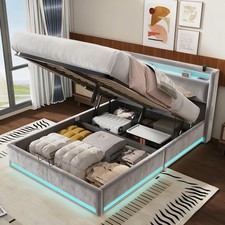 4FT6 LED OTTOMAN STORAGE BED PLUSH VELVET UPHOLSTERED BED FRAME WINGED Dzmnfgfwz