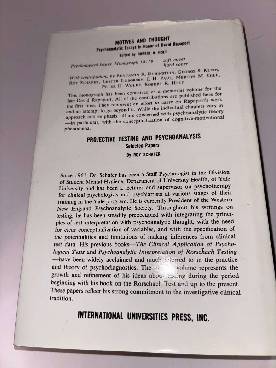 Diagnostic Psychological Testing Rapaport Gill Schafer 1991 Revised Edition IUP