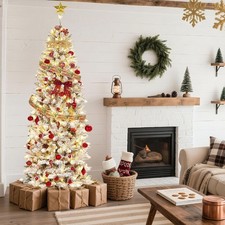 9 FT Christmas Tree Pre-lit Artificial White Snow Branch Tips Slim w/ LED Lights