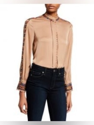 Kobi Halperin Embroidered Silk Blouse Mock Neck Ruffle XXL