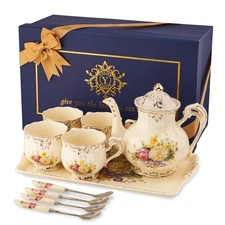 YOLIFE Porcelain Tea Set, Vintage Flowering Shrubs Teapot and Cups Set for Te...