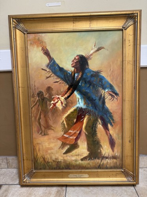 #ad Original Troy Denton Oil On Canvas Native American Painting Howard Terpning Fire $2950.00
