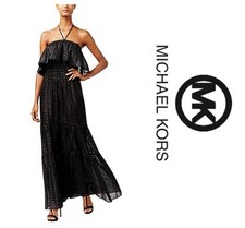 MICHAEL KORS TIERED JACQUARD HALTER BLACK MAXI DRESS Sz PS NWT $ 175