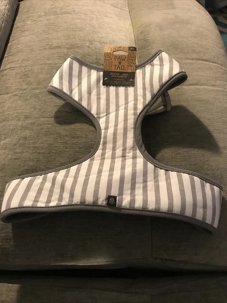 Dog harness "Paw & Tail" Gray/White Stripe M/L 29.5- 37" girth Neck 22.5-28" NWT