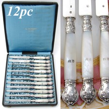 Antique French Sterling Silver & Mother of Pearl 12pc 8