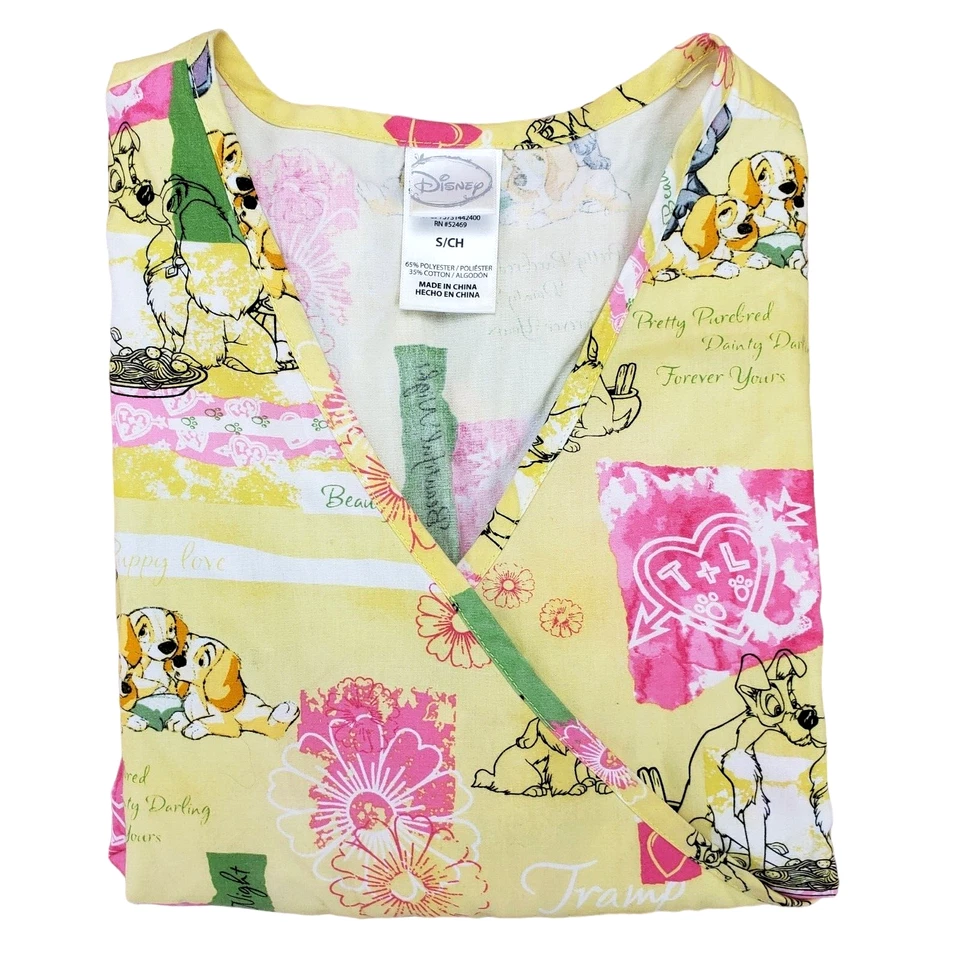 Disney Lady And The Tramp Women's Scrub Top Size S Yellow Poly Cotton Blend - Image 2 of 4
