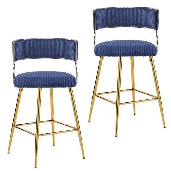 2 x Thick Corduroy Gold-plated Iron Feet Bar Stool Blue for Bar Home Kitchen NEW - Image 4 of 4