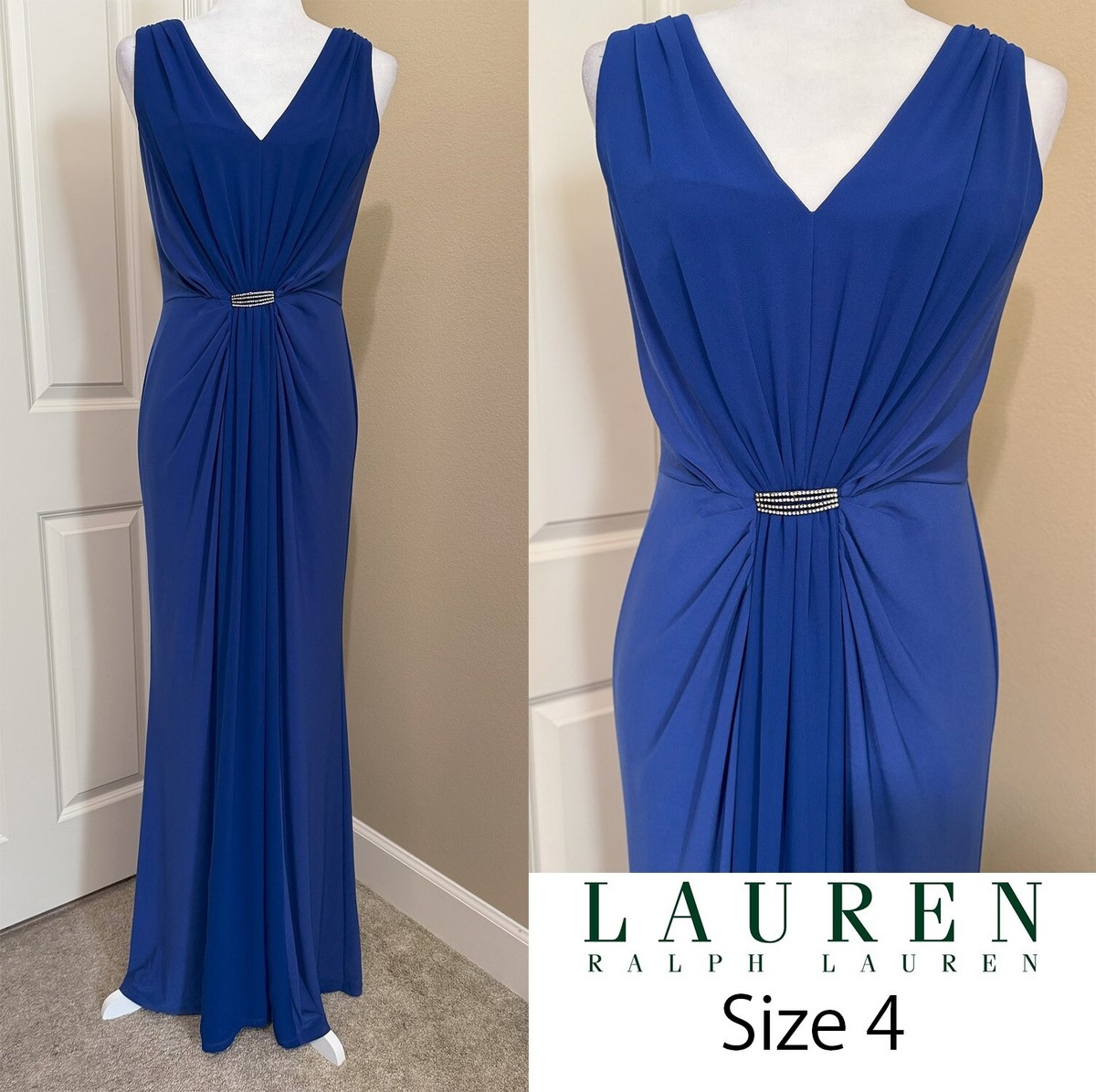 Ralph Lauren Women's Embellished Waist Jersey Royal Blue Gown Size 4 Ralph Lauren Women's Embellished Waist Jersey Royal Blue Gown Size 4