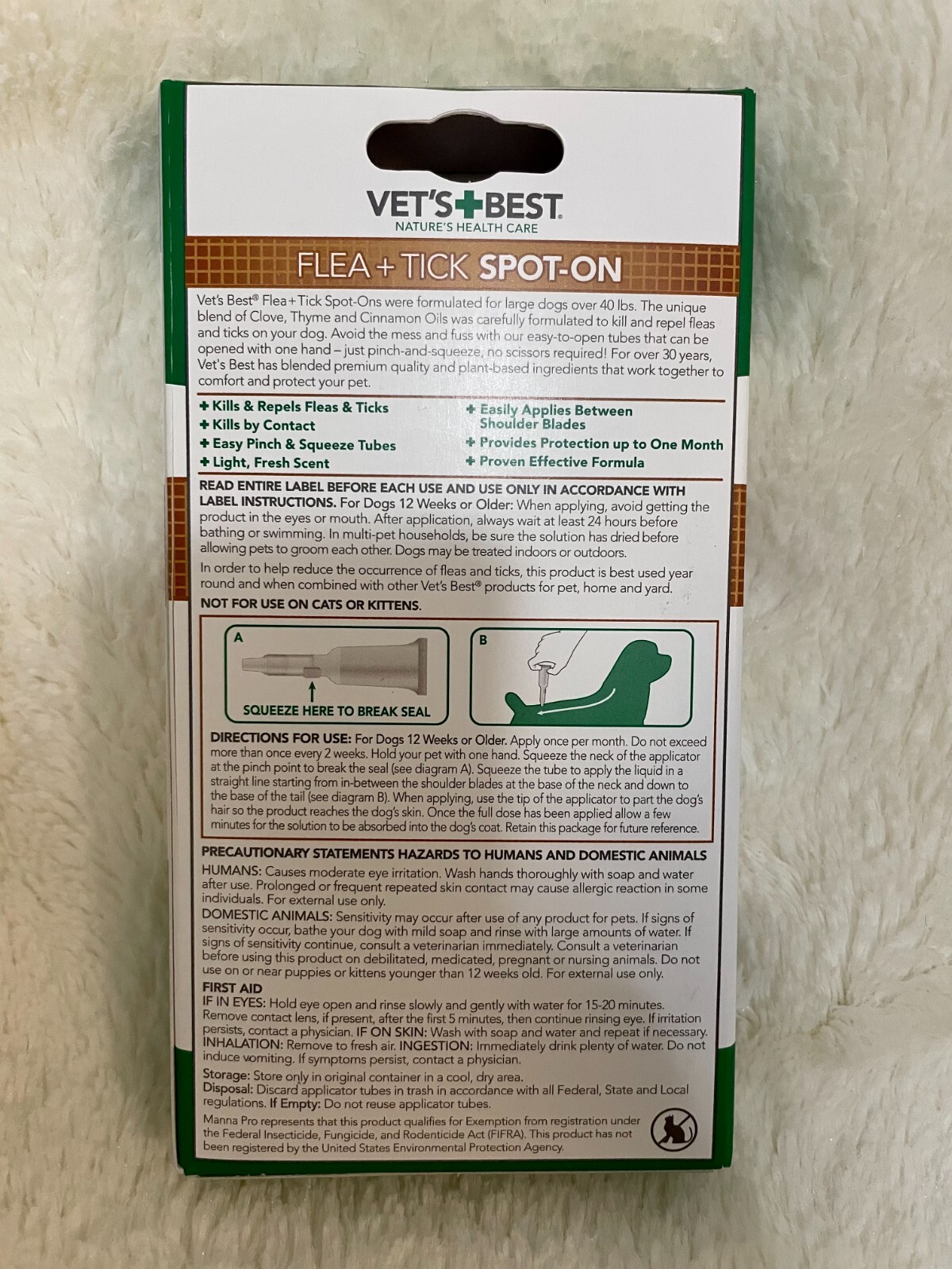 Genuine Vet's Best Plant-Based Spot-On Treatment for Lg Dogs (New damaged box)