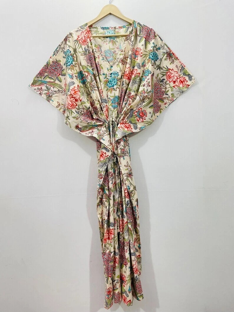 Indian Vintage 100% Cotton Long Beach Maxi Kaftan Dress One Size Caftan Kimono