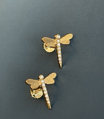 Diamond Earrings Dragonfly Studs 18ct Yellow Gold Screwbacks 0.15ct Cervin Blanc