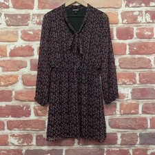 Express Dress Womens Medium Black Multicolor Abstract Tie Neck Long Sleeve