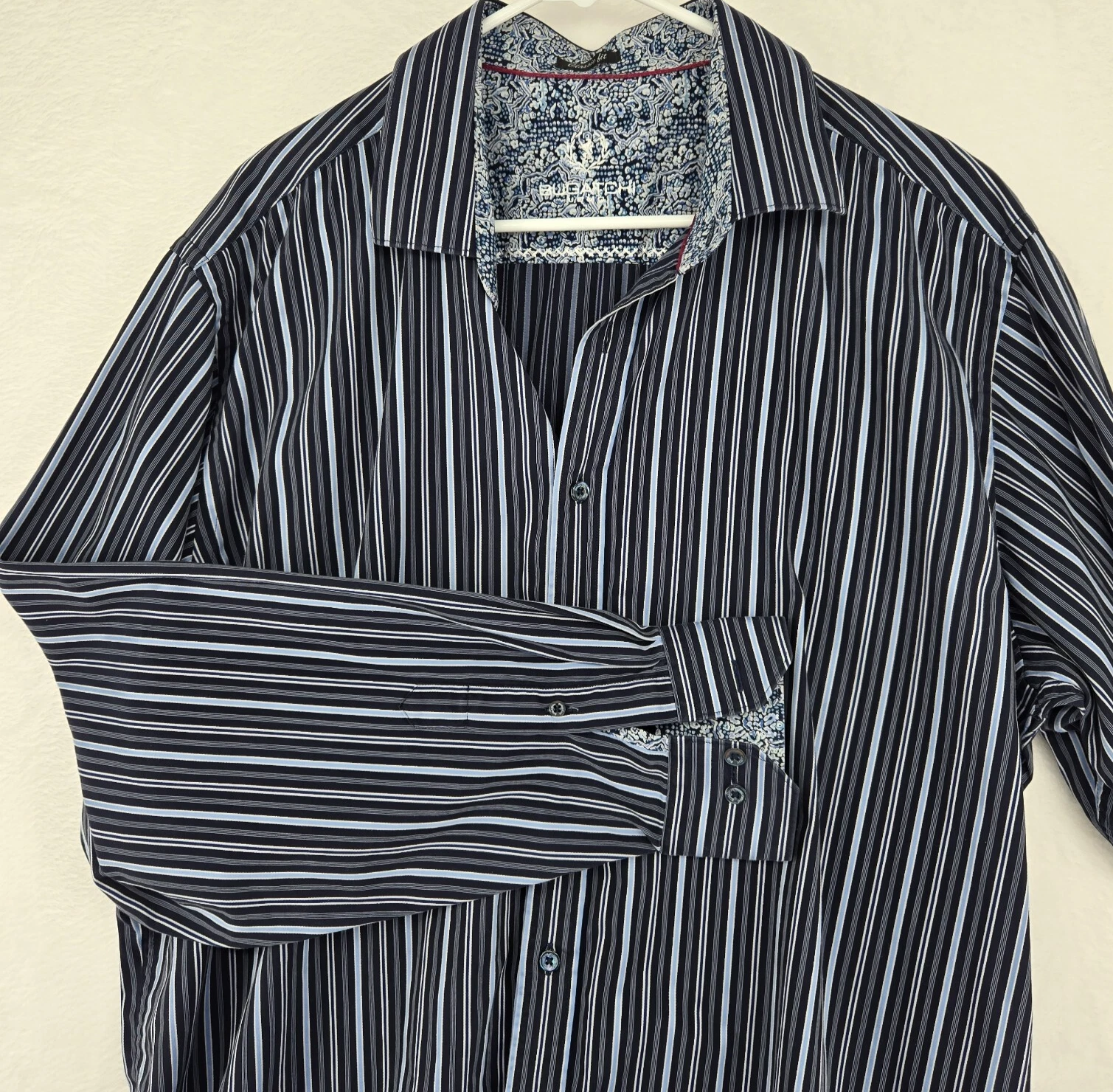 Bugatchi Uomo Mens Shirt Blue Size XL Striped Classic Fit Flip Cuffs Long Sleeve