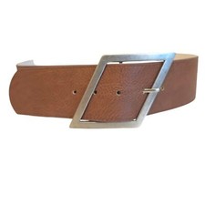 Women's Tan Brown Fashion Wide Leather Waist Belt Slanted Buckle Small Medium 32