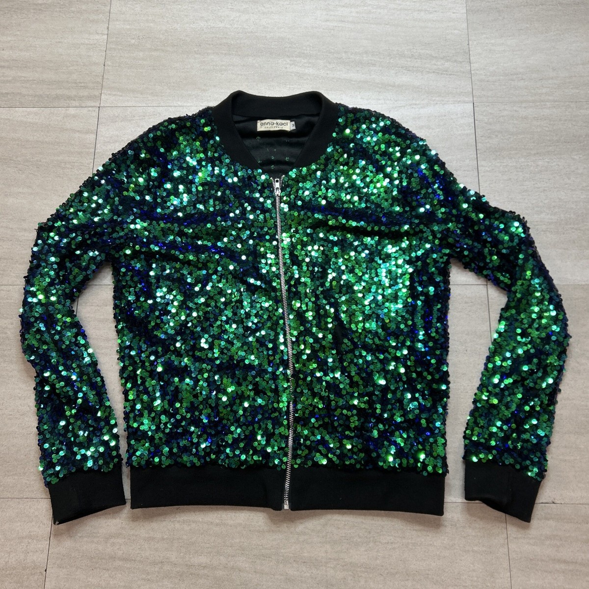 Anna-Kaci Sparkly Sequin Jacket Glitter Long Sleeves Zip Up Bomber Medium