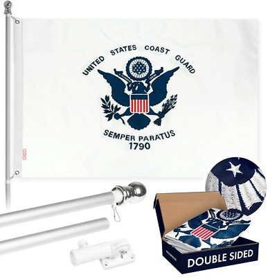 NEW G128 US Coast Guard Flag & Flagpole, 6FT Silver Pole and 3x5FT Emb DS Flag