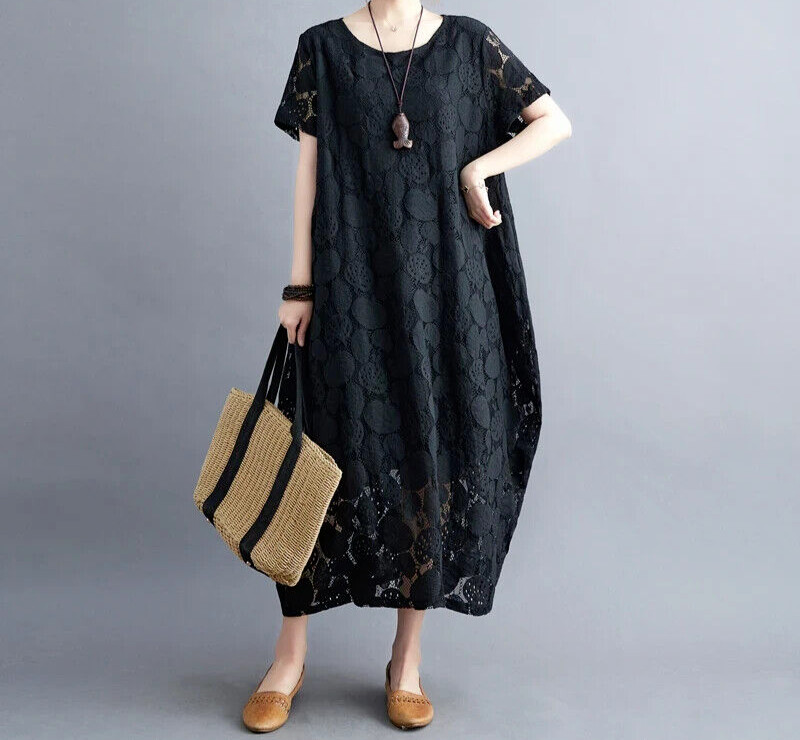 Damas Negro Algodón Arty Italiano Boho Flotante Cómodo Adelgazante Vestido de Verano