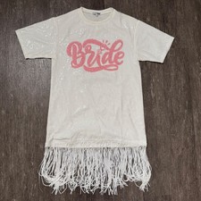 Fashion Nova T-Shirt Dress Women S White Pink Sequin Bride Fringe Bachelorette