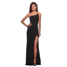 La Femme 28176 Black One Shoulder Jersey Gown Slit Column Dress Size 6 NWT