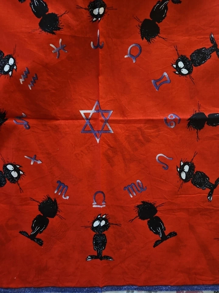 Vintage Handkerchief Cotton Black Cats ZODIAC signs symbols CHAKRA Scarf HANKY - Image 4 of 4