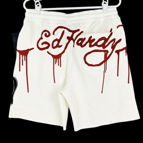 NWT Ed Hardy Men's Fleece Tattoo Skull Snake Panther Ivory Sweat Shorts Size M - 第 2/16 張圖片