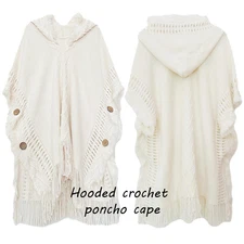 Women Hooded Crochet Poncho Cape Batwing Sleeve Fringe Casual Outwear Off-white