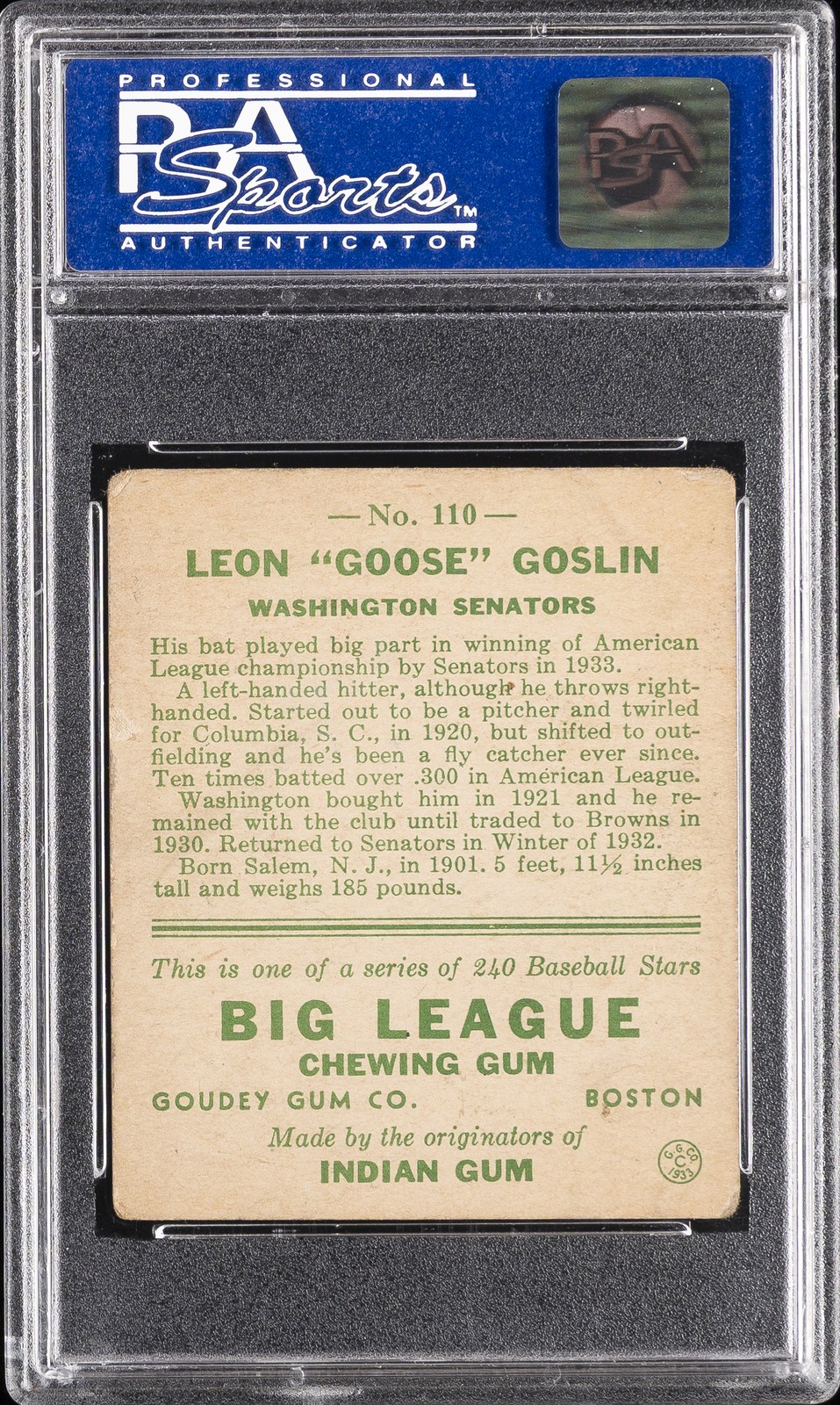 1933 GOUDEY #110 GOOSE GOSLIN PSA 4 view 2