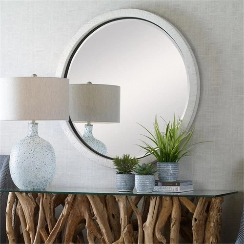 Uttermost Granada Round Contemporary Rattan and Iron Mirror in White - Picture 3 of 8