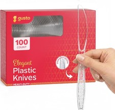 100 Pack Clear Plastic Knives Heavy Duty W/ Engraved Design Disposable Sturdy