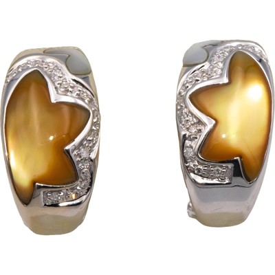 14 Karat Weißgold runde Diamant und Perlmutt geschwungene Ohrringe 0,15 kt