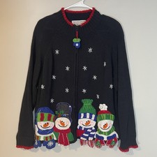 Tiara International Christmas Sweater Womens M Black Snowmen Cardigan Full Zip