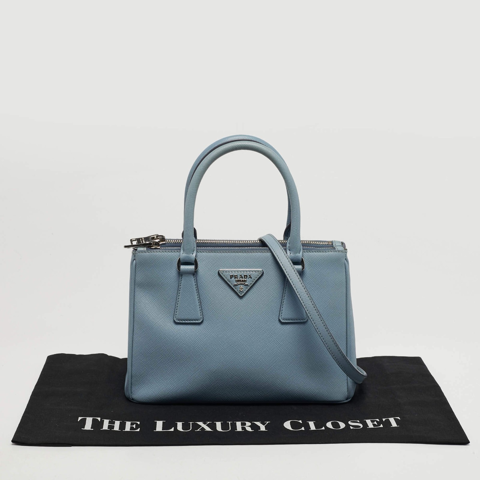 Prada Galleria Small Light Blue Saffiano Lux Leather Double Zip Tote thumbnail 9